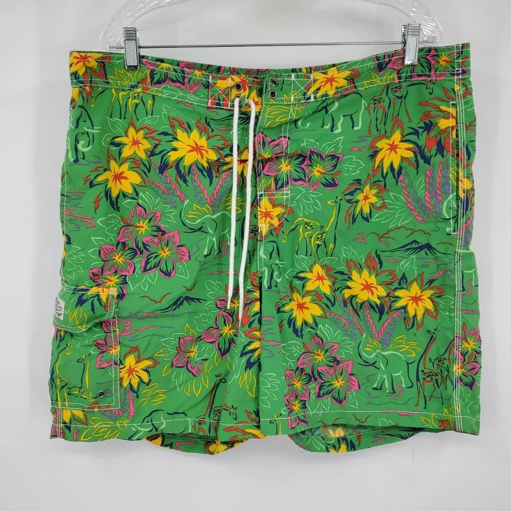 Polo by Ralph Lauren Green Aloha Safari Print‎ Swim Trunk Board Shorts Size XL